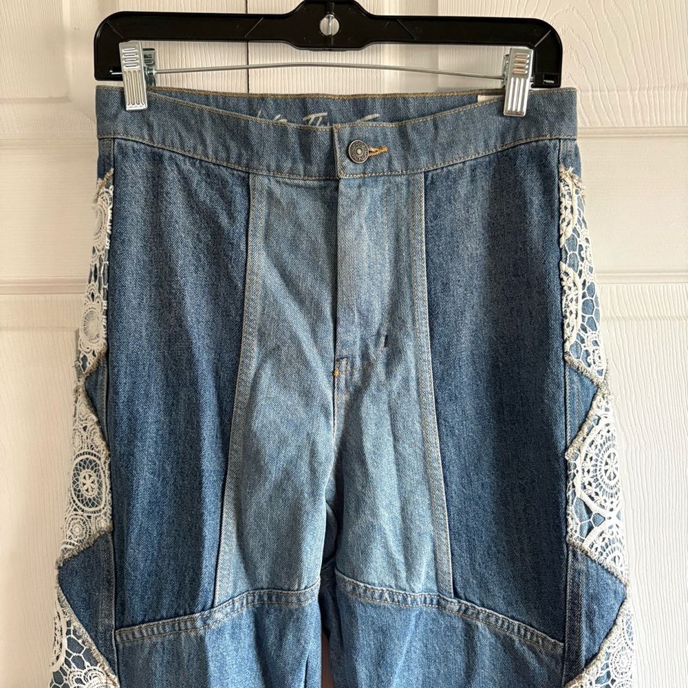 Free People In My‎ Element Kaleidoscope Blue Patchwork Wide-Leg Jeans Lace 26 - Picture 5 of 11